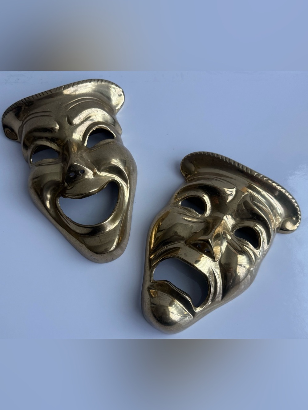 Brass Theatre Masks 6.5” 7”Set Comedy Tragedy Happy Sad Wall Hanging 70s Vintage